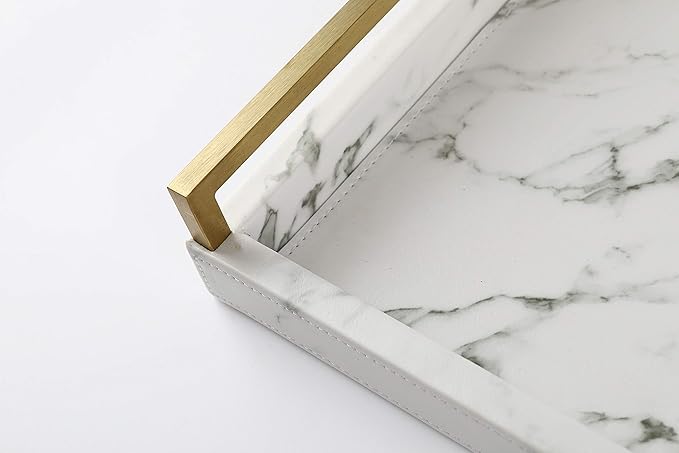 WV 17.8 * 11.8" White PU Leather Marble Finish Decorative Tray Serving Tray with Brushed Gold Handle for Coffee Table, Console Table, Ottoman