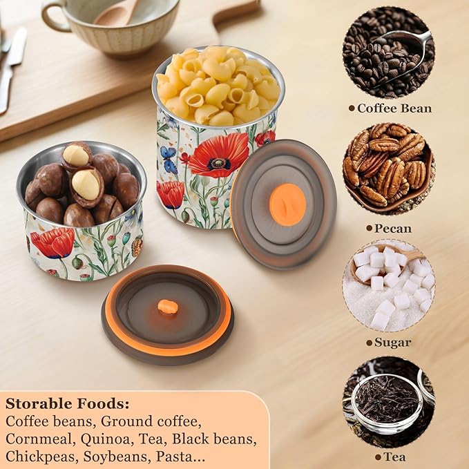 ALAZA Red Poppy Flowers Butterfly Airtight Coffee Bean Canister 500ml Food Storage Containers with Lids For Gournd, Tea, Sugar, Flour, Rice, Cereal, Candy Cookie Jar