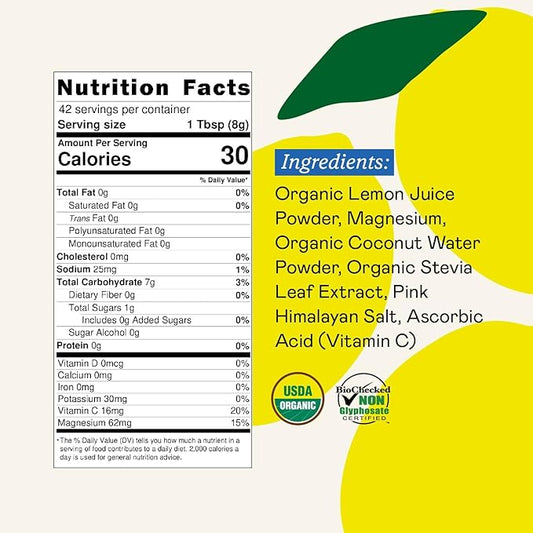GOODONYA Organic Hydration Electrolyte Drink Mix, Certified Organic Hydration Powder, Non-GMO, Biochecked Glyphosate Free, Low Sugar, Lemonade Flavor, No Artificial Flavors, 42 Servings