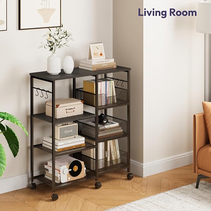 SWTYMIKI Kitchen Island Cart on Wheels - 4 Tier Rolling Kitchen Table Cart with Storage Shelves, 6 Removable Hooks& Locking Casters, Coffee Bar Cabinet for Dining Room Pantry Office, Black
