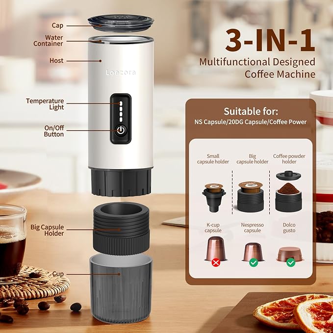Leozora Portable Espresso Maker, 20Bar Professional Pressure, Stainless Steel Body, 7500mAh USB-C Rechargeable, 3-in-1 for Ground Coffee & Nespresso/DG Capsules, Ideal for Camping, Car, Office, White