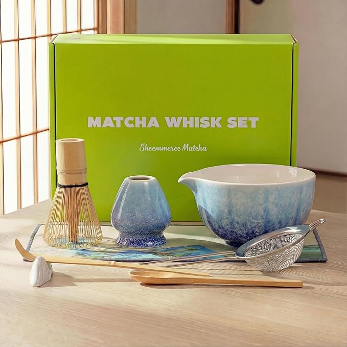 Matcha Whisk Set, Complete Matcha Kit for Authentic Matcha Making, includs Matcha Bowl Chawan Bamboo Whisk (Chasen), Tea Scoop, Whisk Holder 8pcs, Gift for Health-Conscious, Matcha Lovers, Blue