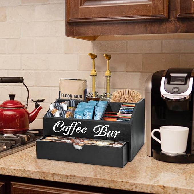 Coffee Bar Organizer Countertop, Wooden Bar Accessories With Drawer, Coffee Station Organizer Pods Holder Storage Basket, Farmhouse Tea Condiment Station