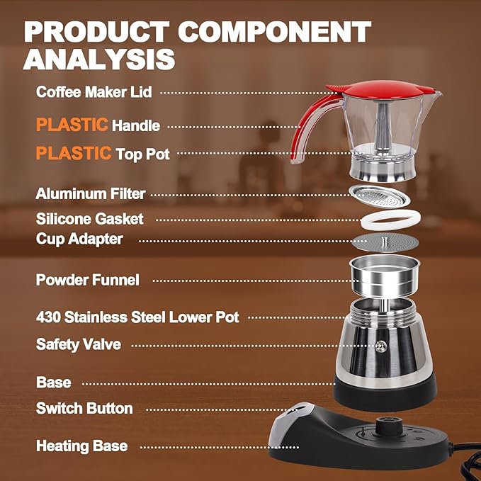 Electric Moka Pot 6 Cup 300ml Plastic Transparent Stovetop Espresso Maker Portable Stainless Steel Mocha Pot Percolator Italian Coffee Makers Greca Machine Cafe Classic for Home Camping