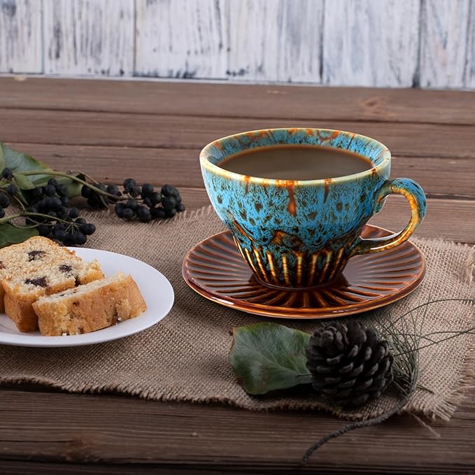 YINUOWEI 4 oz Espresso Cups Set of 2, Ceramic Cappuccino Cups with Saucers, Durable Porcelain Tea Set & Modern Coffee Cup Collection, Coffee Lover Gifts, Glazed Blue