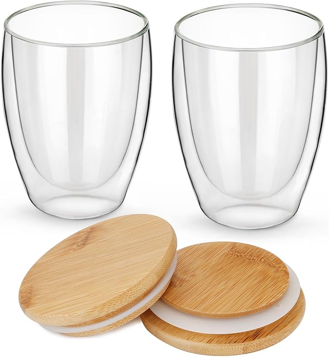Glass Mug Set of 2, 12 Ounces Each, Double Wall Insulated Drinking Cup with Bamboo Lid, Also Good as Tea, Coffee and Wine Cups. Keeps Warm and Cold Drinks Longer. Comfortable to Touch
