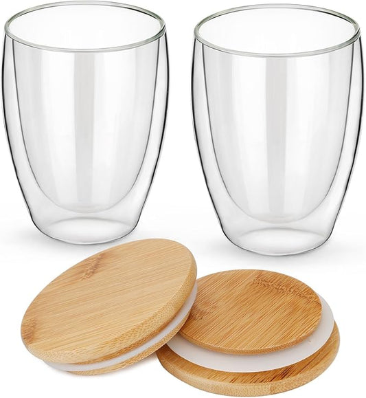Glass Mug Set of 2, 12 Ounces Each, Double Wall Insulated Drinking Cup with Bamboo Lid, Also Good as Tea, Coffee and Wine Cups. Keeps Warm and Cold Drinks Longer. Comfortable to Touch