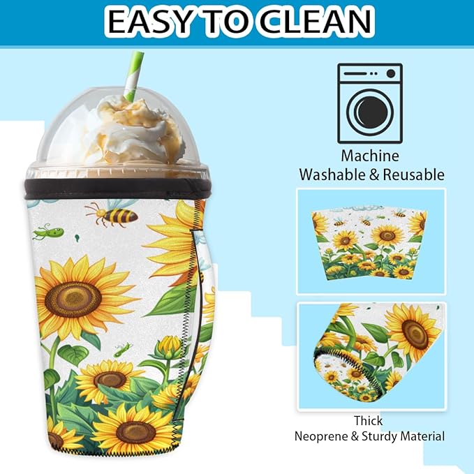 Sunflower With Bee Reusable Insulator Coffee Sleeves for Drinks Beverages, Neoprene Holder with Handle for Most Coffee or Ice Drink, 24-28oz