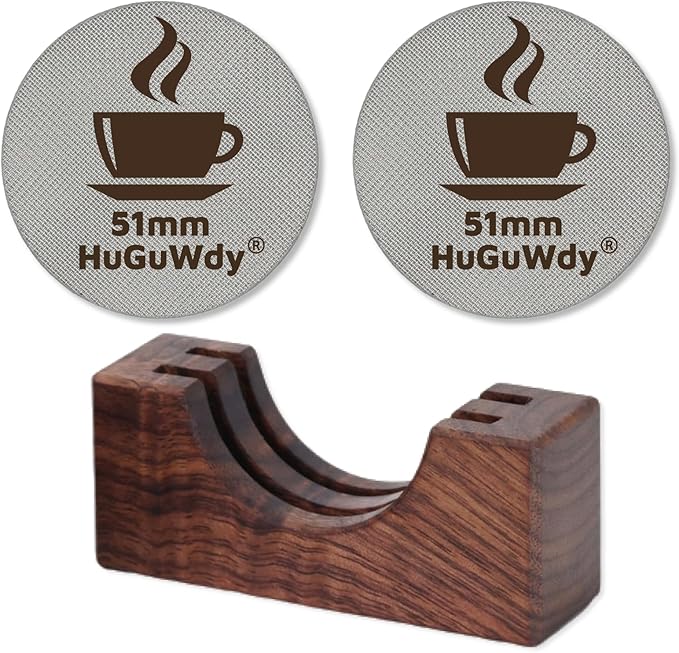 2 Packs Espresso Puck Screen 51mm with Walnut Stand, 1.7mm Thickness 150μm Mesh 51mm Puck Screen 51 mm Portafilter Espresso Filter Bottomless Portafilter Espresso Accessories Kit