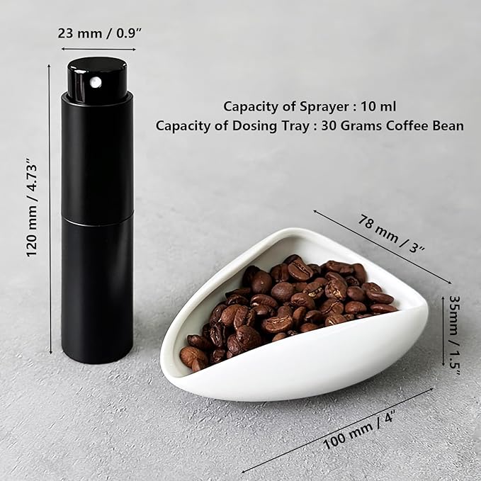 Coffee Bean Dosing Cup and RDT Spray Bottle Kit For Espresso Ceramic Ruffled Leaf Shaped Measuring Tray and Sprayer Set For Reducing Coffee Ground Static (Black)