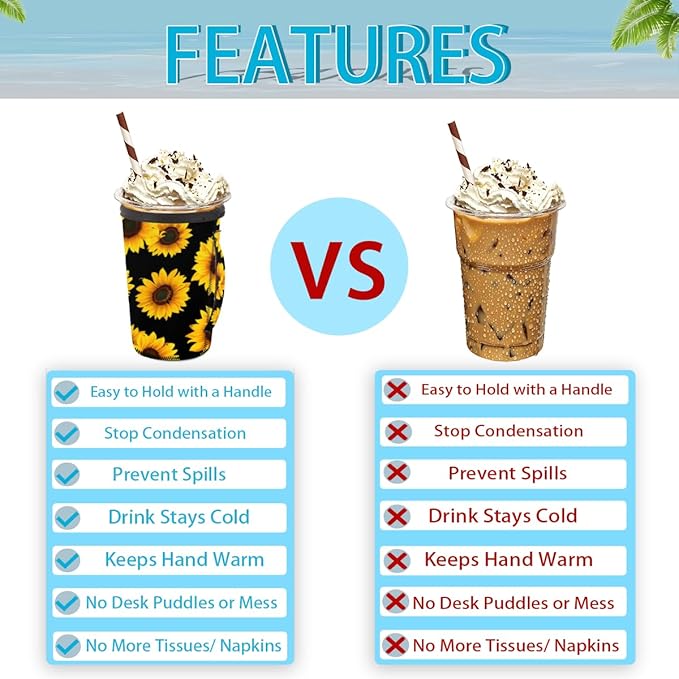 Sunflower Printed Reusable Insulator Coffee Sleeves for Drinks Beverages, Neoprene Holder with Handle for Most Coffee or Ice Drink, 24-28oz