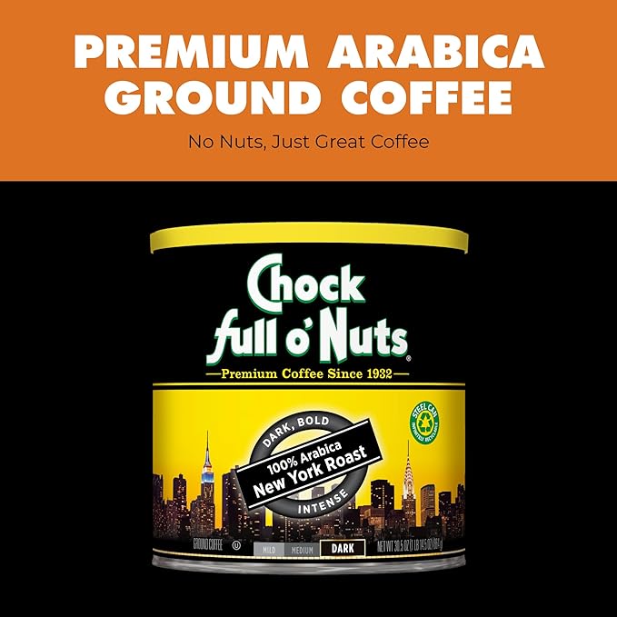 Chock Full o' Nuts New York Roast Ground Coffee – Premium Beans in Recyclable Steel Can – Rich Flavor & Aroma, Dark Roast – Perfect for Drip, Pour-Over, Percolator – 30.5 Oz Can
