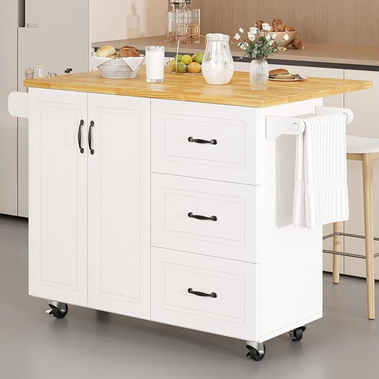 4 EVER WINNER Kitchen Island with Storage on Wheels, Rolling Kitchen Island with Spice Rack & Towel Rack, Portable Island Table for Kitchen, White