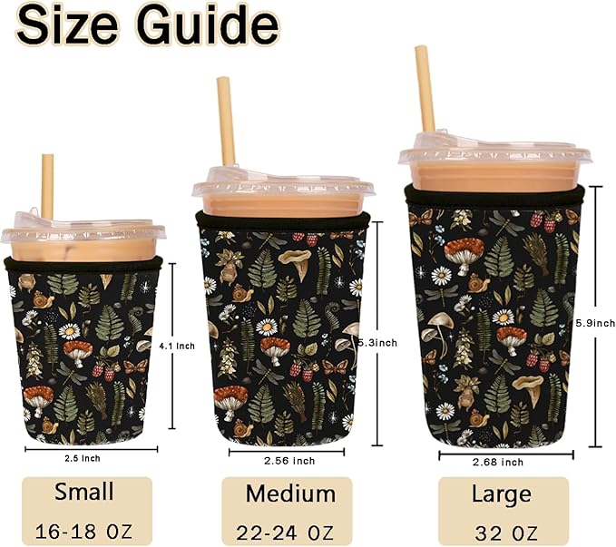 Reusable Insulated Sleeve for Iced Coffee Cup, Coffee Neoprene Sleeve for Cold & Hot Drinks, Beverage Holder for Iced Coffee (Mushroom Mirage, Small: 16-18oz)