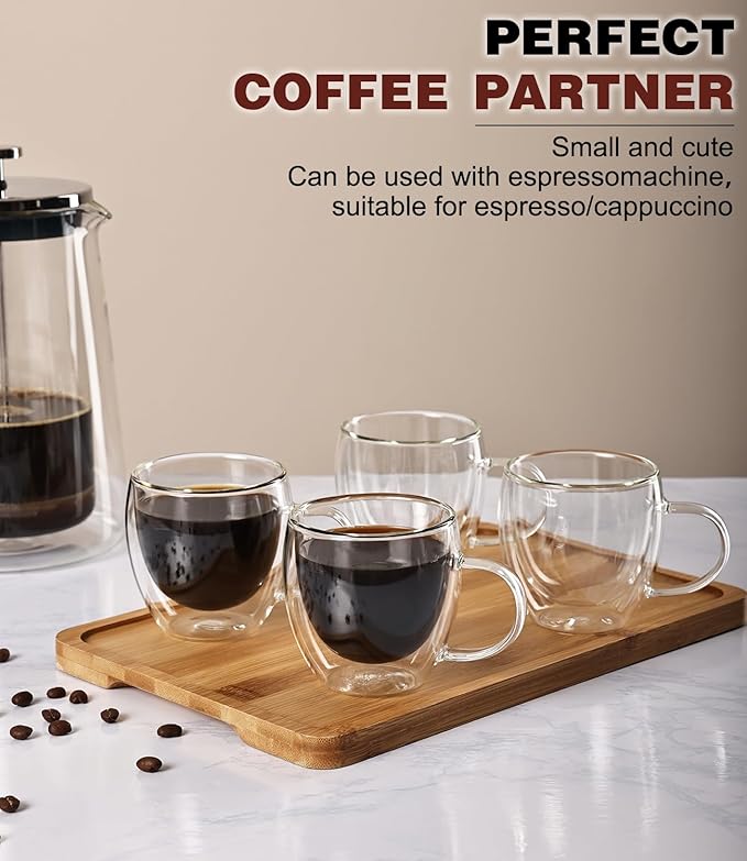 Espresso Cups Set of 2,Hand Blown 5oz Double Walled Insulated Espresso Coffee Mugs with Handle,Perfect for Cappuccino, Latte, Tea, Clear Glass Espresso Shot Cups Suitable for Coffee Machine
