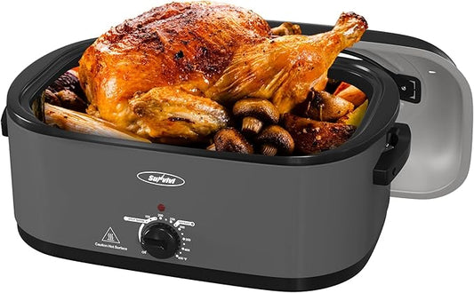 Sunvivi Electric Roaster,26 Quart Roasting Oven with Self-Basting Lid Removable Pan,Turkey Roaster Oven with 150 to 450F Temperature Control Cool-Touch Handles, Grey