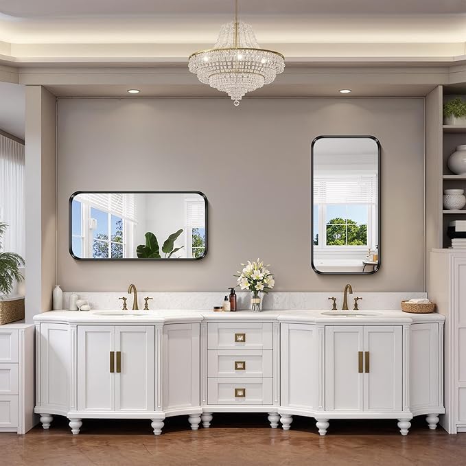 FORBATH 40x20 Inch Bathroom Mirror for Wall, Black Metal Framed Vanity Mirrors for Over Sink, Rounded-Corner Rectangle Mirror for Bedroom Living Room Entryway Hallway, Hangs Horizontal or Vertical