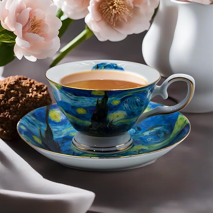 Floral Tea Cups Saucers Set of 2, Bone China 7 oz British Teacups Porcelain Coffee Cup for Rose Tea Cappuccino Espresso Latte (Starry Sky & Starry Sky)