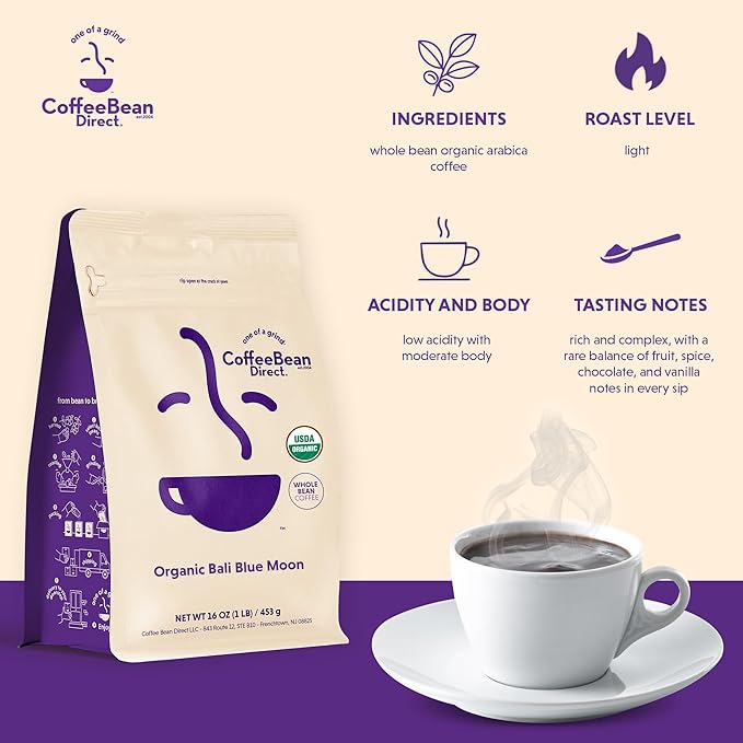 Coffee Bean Direct Organic Single Origin Coffee Variety Bundle – Bali Blue Moon & Colombian, Whole Bean, Light Roast, 1 Pound Bags (Pack of 2)