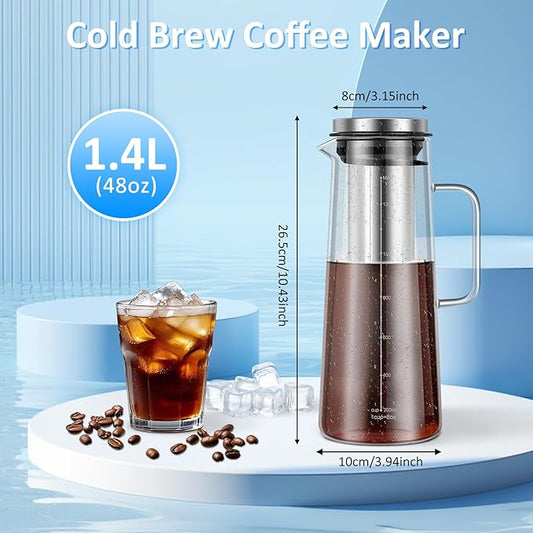 Cold Brew Coffee Maker 1.4L/48oz - Glass Pitcher Thick Glass Cold Brew Coffee Pitcher with Stainless Steel and Silicone Filter and Airtight Lid for Home Kitchen Cafe