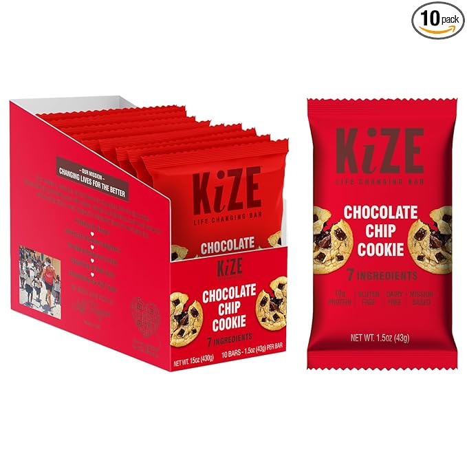 KiZE Energy Bars - Chocolate Chip Cookie - Almond Butter-Based, Gluten Free, Dairy Free, NON-GMO - 10g High Protein Snacks, High Protein Meal Replacement Energy Bars, Clean and Simple Food (10 Count)