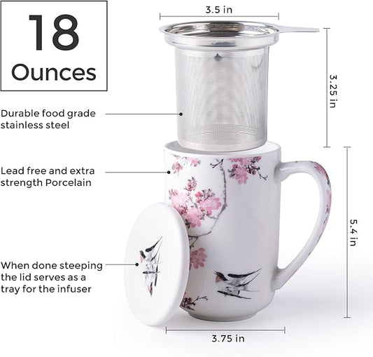 AmorArc Porcelain Tea Mug with Infuser and Lids, 18 Oz Coffee Cup Strainer with Bag Holder for Loose Leaf Tea, Steeping Coffee Mug for House-warming Wedding Birthday Gift