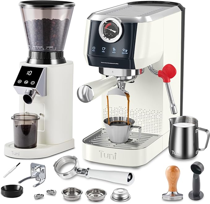 Tuni E2 58mm Espresso Machine with G1 Ivory Conical Coffee Grinder and Bottomless Portafilter Combo Set, 20Bar Dual Boiler Espresso Maker Kit