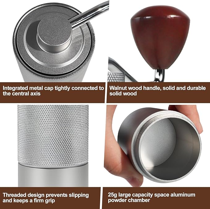 Manual Coffee Grinder Non-Detachable Stainless Steel Conical Burr Aluminum Coffee Bean Grinder with 25 Grinding Settings Cleaning Brush Grindable Espresso Moka Pot French Press for Camping Silver