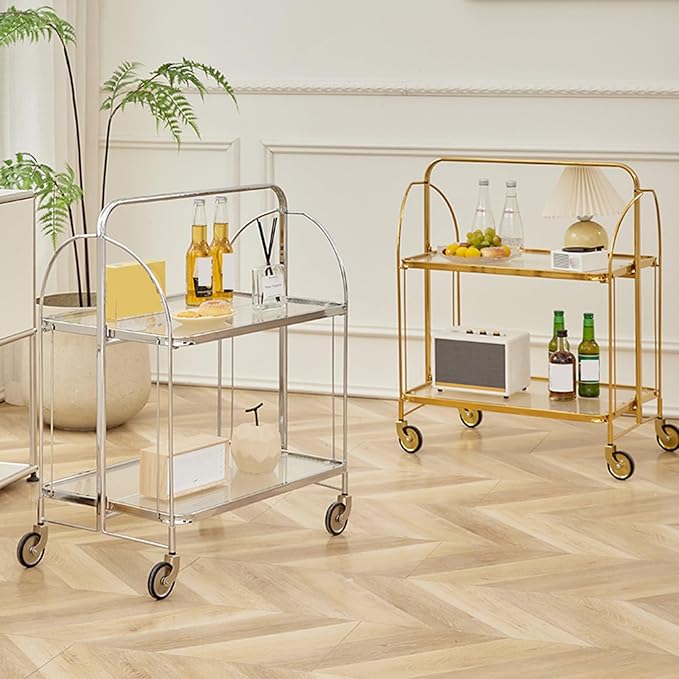 Folding End Table Side Table Glass Movable Coffee Station Table, Metal Coffee Bar Stand Cart with Storage Coffee Table on Wheels,for Home Kitchen, Entryway, Living Room,Dining Room(Silver)
