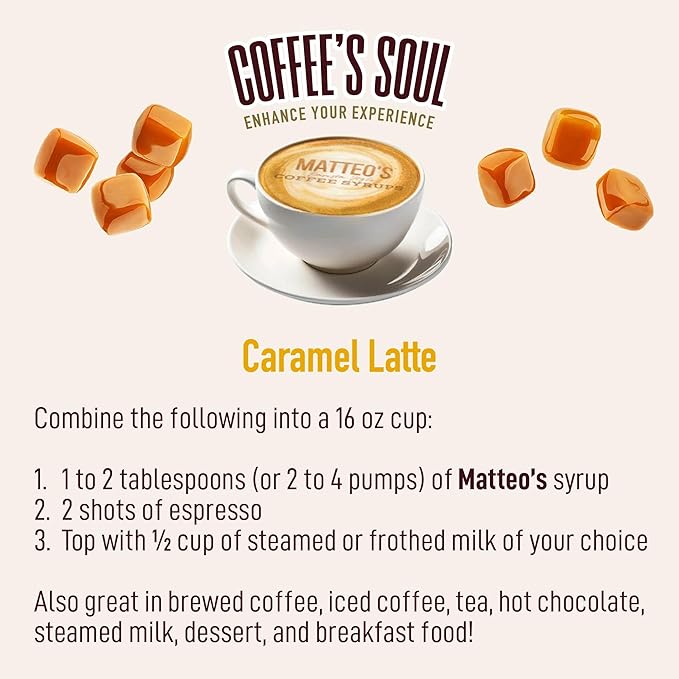 Matteo's Caramel Syrup for Coffee, Lattes, Cappuccinos & Desserts – Sugar-Free Sweetener for Beverages, Keto Friendly, Zero Calories, Indulgent Flavor, Non-Alcoholic, Ideal for Coffee 33.8oz (1pk)