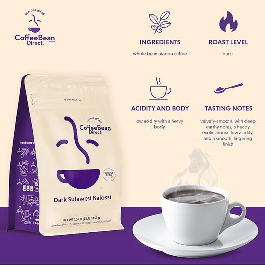 Coffee Bean Direct Dark Sulawesi Kalossi, Whole Bean Coffee, Arabica Coffee, Dark Roast, 1 Pound Bag (Pack of 1)