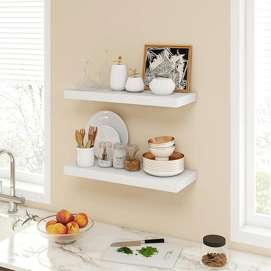 24 Inch Floating Shelves, 9.3" Deep Floating Shelf Wall Mounted, 24" Wall Shelves, Rustic Deep Bookshelf, Large Display Shelves & Storage Shelves for Bedroom, Living Room, White, Set of 2