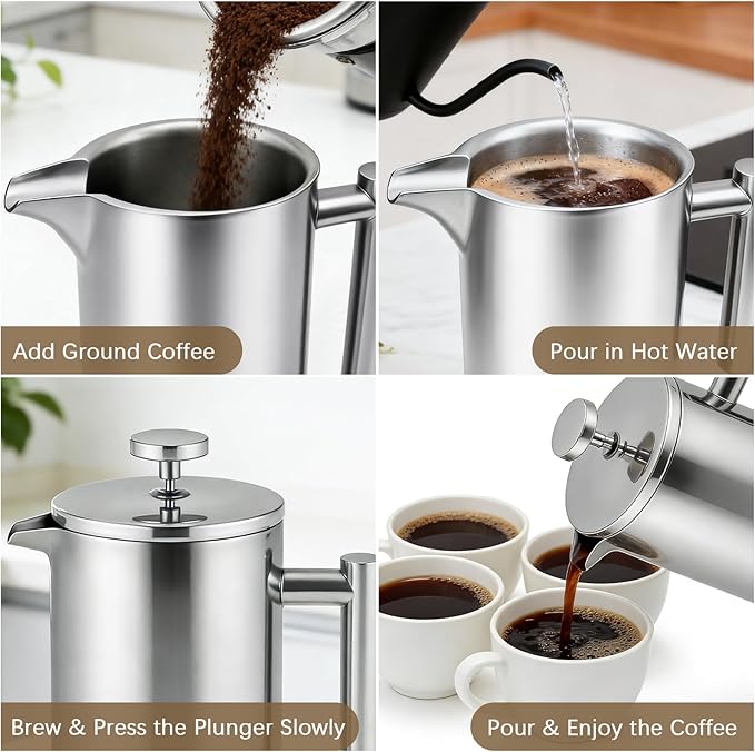 CAOANTRY French Press Coffee Maker, 304 Grade Stainless Steel French Press with 2 Extra Filters for Home, Office, Travel, Camping - 34OZ/1 Litre (Sliver)