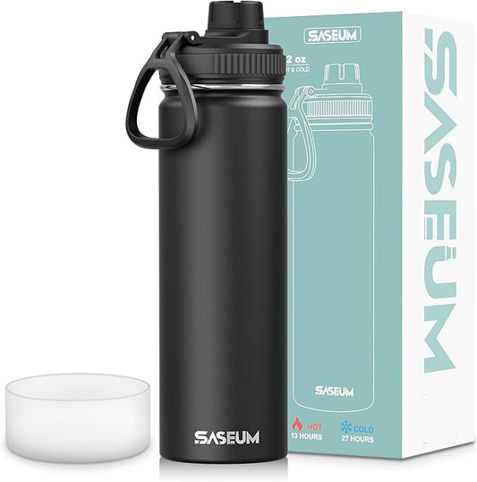 SASEUM Sport Water Bottle 22oz Stainless Steel Double Wall Vacuum Thermal Mug with Leak Proof Spout Lids, Wide Mouth Metal Insulated Water Jug for Gym and Travel（Black）