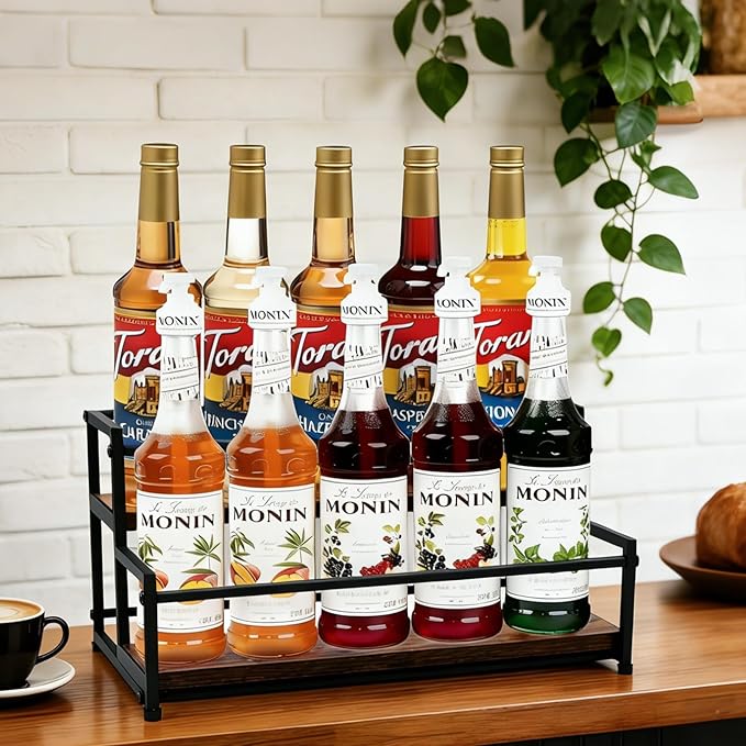 HRUSGO Coffee Syrup Rack Organizer - Metal Bottle Holder for 10 Bottles – Rustic Countertop Display Shelf for Coffee Bar, Kitchen Cabinet, Pantry Storage for Syrups, Liquor, Spice, Tea & Wine (2-Tier)