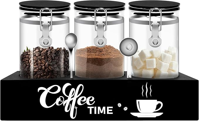 3PCS Glass Coffee Containers with Shelf, 54 oz Coffee Storage Container, Coffee Bean Storage Canisters with Airtight Locking Clamp Lid Spoons for Coffee Beans, Nuts, Sugar
