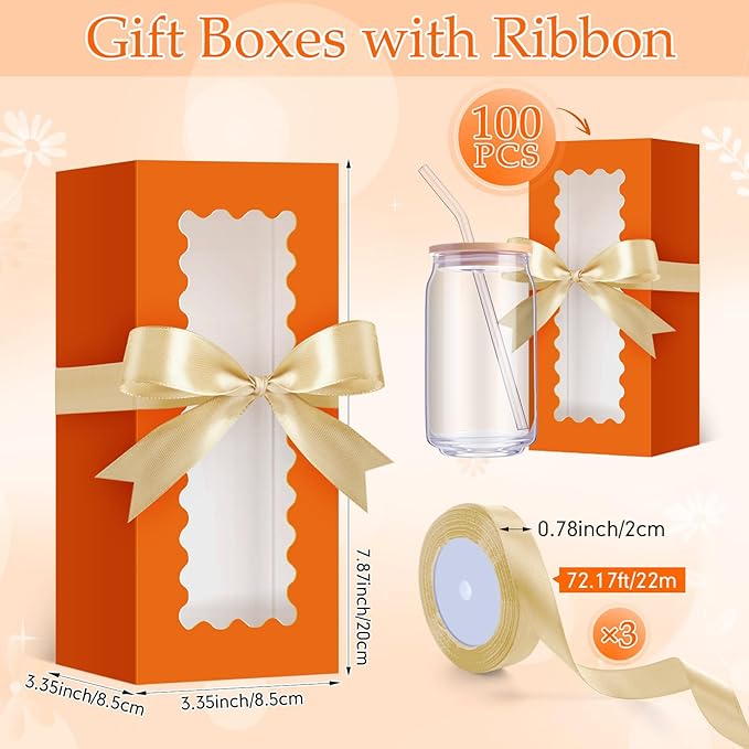 Windyun 100 Pcs Tumbler Gift Boxes for Sublimation Glass Exhibition Boxes Transparent for 12oz 16oz 20oz Shipping Cup Exhibition Packaging for Jars Mug Can Party Supplies(Orange)