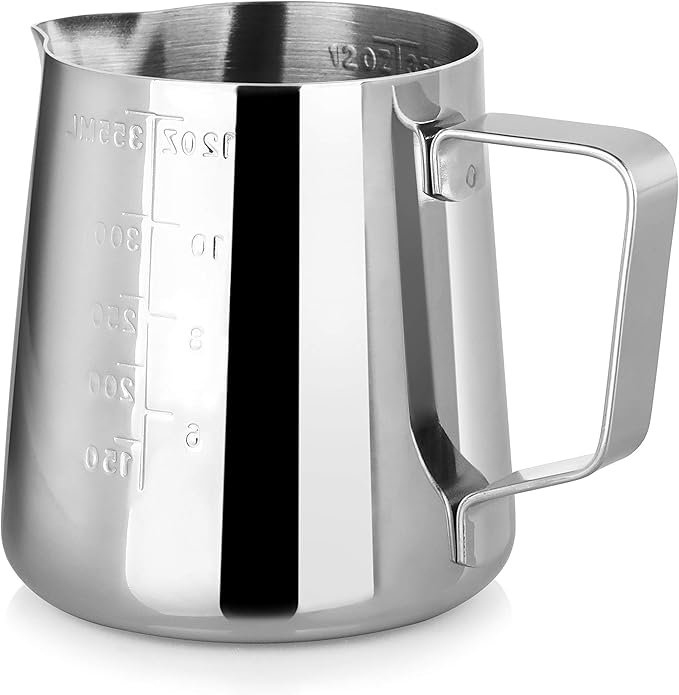 New Star Foodservice 28829 Commercial Grade Stainless Steel 18/8 12-Ounce Frothing Pitcher and Die Cast Aluminum Tamper Combo Set, Silver