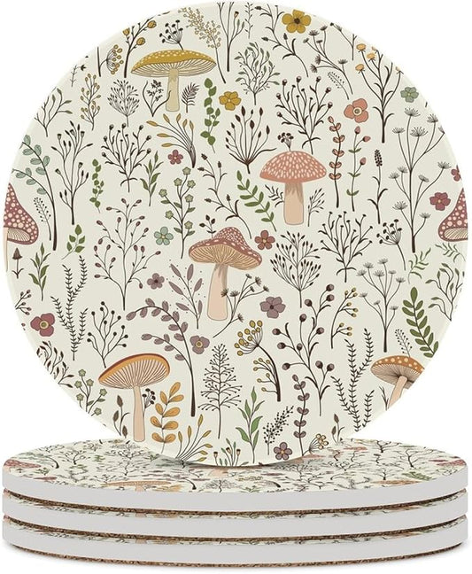 Round-4PCS Botanical Ceramic Coasters, Round Absorbent Drink Coasters, Colorful Mushroom Floral Green Leaves Boho Plants Botanical Ceramic Table Coasters for Coffee, Beverage, Wine, Beer Coasters