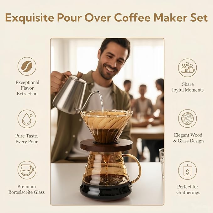 Pour Over Coffee Maker Set 20 oz, 600 ml Borosilicate Glass Coffee Server with Glass Lid, 50 pcs Paper Filter, Walnut Handle Pour Over Coffee Dripper for Home Café Restaurant, Gold