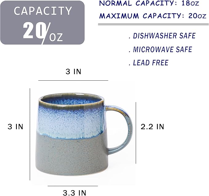 Mkour 20oz Large Ceramic Coffee Mugs, Handmade Cup, Big Tea Cups with Large Handle for Office and Home, Microwave and Dishwasher Safe (Blue Grey)