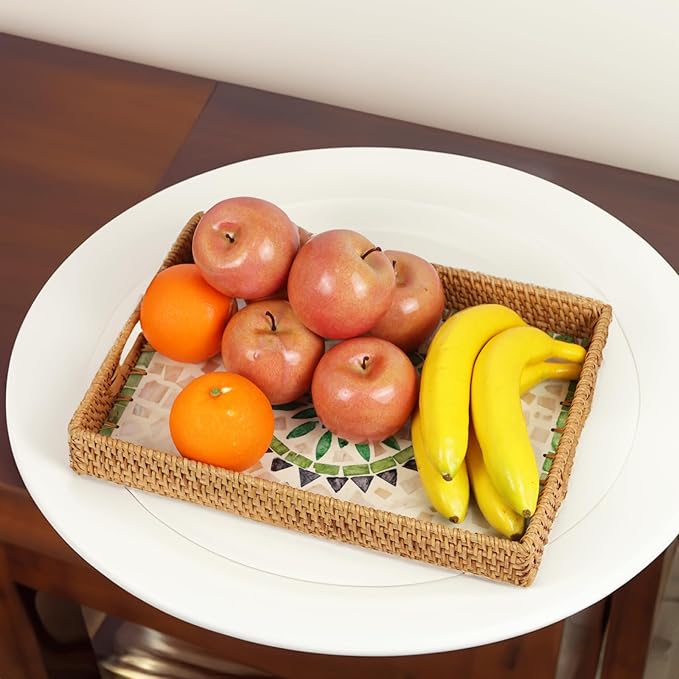 Rattan Serving Tray, Rectangle Coffee Table Tray with Mother of Pearl Inlay, Decorative Wicker Basket with Handle for Coffee, Bread, Fruits, Snacks, Table Decor (Bohemia)
