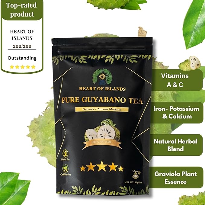 Heart of Islands KOSHER & HALAL Certified Soursop Tea Bags (2g Each) – Premium Guyabano (Graviola) Leaves from the Philippines – Organic Herbal Tea Bags Caffeine Free with Zero Calories 15 Count - Pack of 3