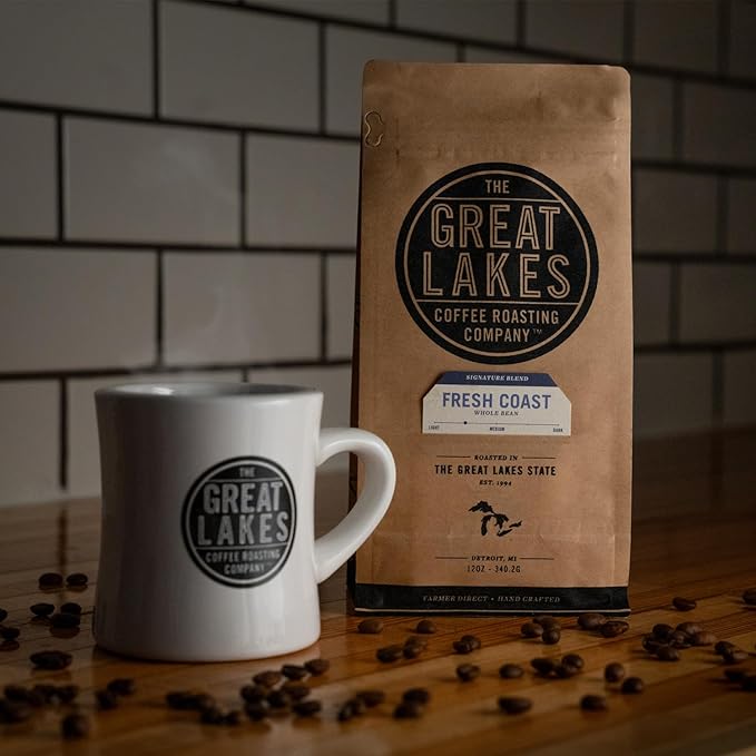 Great Lakes Light/Medium Roast Whole Bean Coffee, Fresh Coast Signature Blend, Farmer Direct Sourced from Brazil and Ethiopia, 12 Ounces