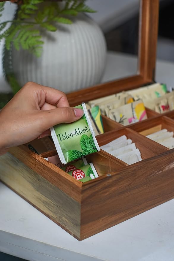 Acacia Wood and Bamboo Tea Bag Organizer - 4 & 8 Compartment Tea Box for Countertop - Tea Station & Coffee Bar Accessories - Fits Large & Craft Tea Bags (Bamboo, 8 Compartment)