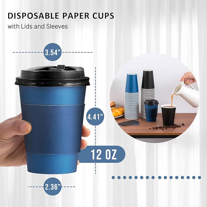 SIUQ 500 Pack 12 oz Disposable Coffee Cups with Lids and Sleeves, To Go Paper Cups, Hot & Cold Drinking Cups for Tea, Coffee, Water, Hot Chocolate, Paper Coffee Cups Ideal for Home,Cafes,Store