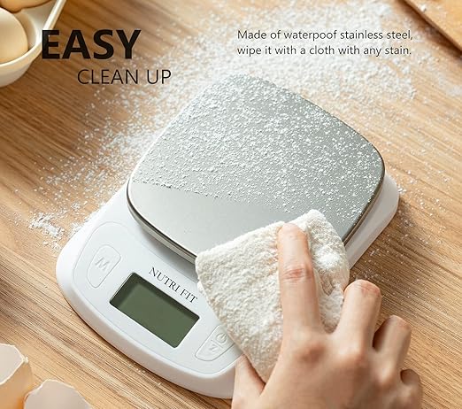 NUTRI FIT Food Kitchen Scale Digital Grams and Ounces Ultra Slim Scale Portable for Baking Cooking Camping Stainless Tare Auto Off Backlit Large LCD Display 11lb/5kg-White