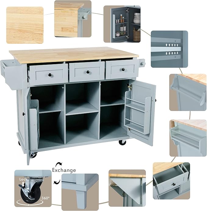 Yayzy Rolling Kitchen Island with Drop Leaf, Cabinet Door Storage Racks & 3 Drawers, Mobile Kitchen Cart with Rubberwood Top & Locking Wheels for Dining Room & Kitchen, 53-Inch, Grey Blue