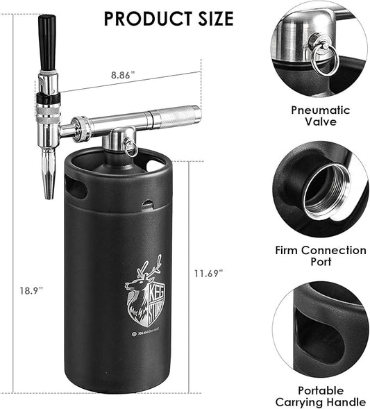 Stainless Steel 128 oz （3.8L）Nitro Cold Brew Coffee Maker - Portable Mini Keg System - with Stout Creamer Faucet Large Home Keg - Collapsible Funnel & Drip Mat