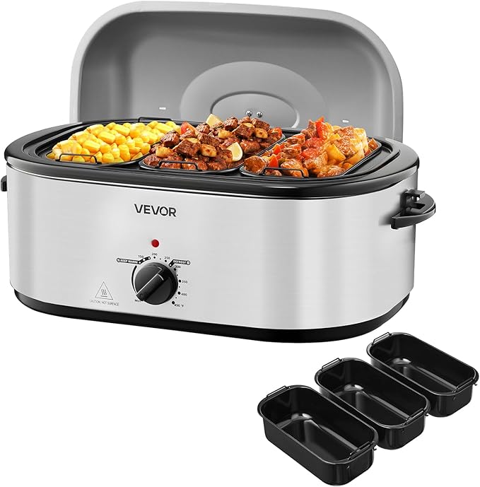 VEVOR Roaster Oven, 24QT Electric Turkey Roaster Oven, 150-450℉ Adjustable Temperature Electric Roasting Pan with 3 Bin Buffet Server, Self-Basting Lid, Defrost & Warm Function, Self-Basting Lid